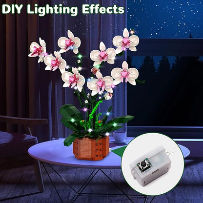 Orchid Building Blocks Set with LED Light – DIY Artificial Flower Kit for Home Decoration, for Adults and Kids 6-14,Ideal for Christmas,Birthdays,and Special Occasions,729-Piece