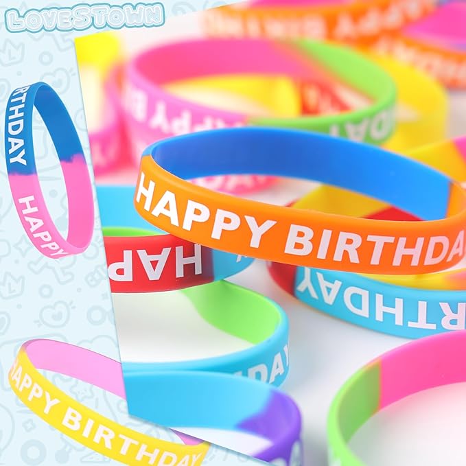 LovesTown 48PCS Birthday Rubber Bracelets, Silicone Stretch Wristbands Dual-color Happy Birthday Bracelets for Kids Adults Birthday Party Favors