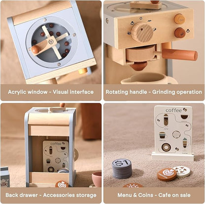 Kids Coffee Maker Playset Wooden Kitchen Toys for Toddlers - 15PCS Toy Coffee Maker Play Kitchen Accessories for Girls & Boys Pretend Play Kids Coffee Maker Toys - Ideal Gift