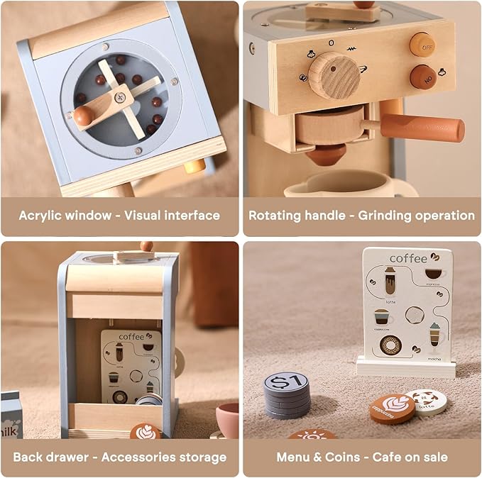 Kids Coffee Maker Playset Wooden Kitchen Toys for Toddlers - 15PCS Toy Coffee Maker Play Kitchen Accessories for Girls & Boys Pretend Play Kids Coffee Maker Toys - Ideal Gift
