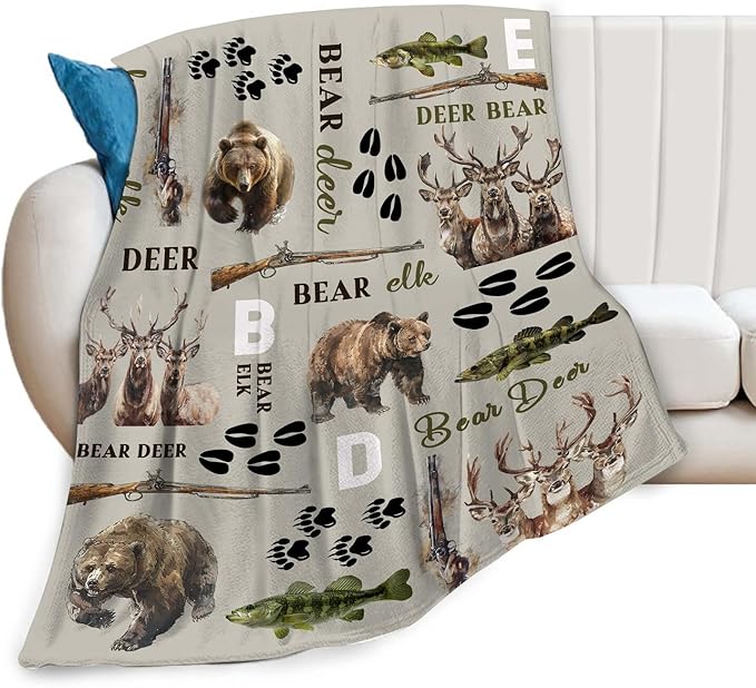 Hunting Deer Throw Blanket Fish Bear Elk Hunt Blanket Gifts for Kids Girls Boys Adults Women Men Soft Cozy Warm Plush Fluffy Fuzzy Fleece Blanket Home Decor 40''X50''