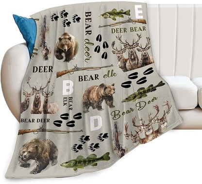 Hunting Deer Throw Blanket Fish Bear Elk Hunt Blanket Gifts for Kids Girls Boys Adults Women Men Soft Cozy Warm Plush Fluffy Fuzzy Fleece Blanket Home Decor 40''X50''