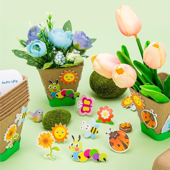 Ayfjovs Garden Paper Pot Craft Kit, 30 Pack Square Paper Peat Pots with 120 PCS Adhesive Foam Stickers and 30 PCS Plastic Plant Labels for Kids Science, Classroom Decoration