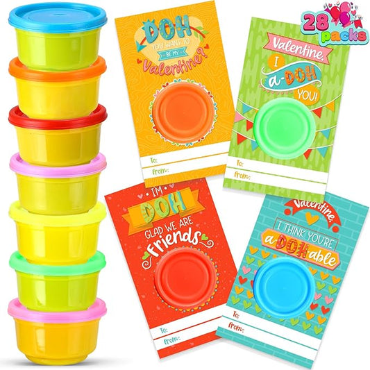 JOYIN 28 PCS Valentine Day Gift Cards with Colorful Playing Dough for Kids Party Favors, Valentine's Classroom Exchange Prize