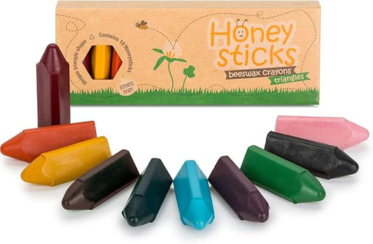 Honeysticks Triangular Crayons (10 Pack) - 100% Pure Beeswax, Food Grade Colors, Non Toxic Crayons for Baby, Toddlers ages 1-3,2-4, Triangle Shape for Pencil Grip Development. Handmade in New Zealand