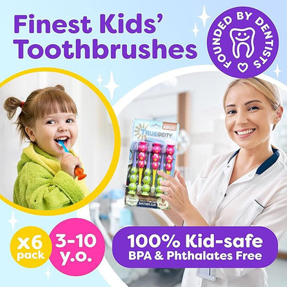 Kids Toothbrush 6 Pack - Soft Contoured Bristles - Child Sized Brush Heads (3-10 Year Old) - Suction Cup for Fun & Easy Storage - Girl & Boy Set (6-Pack, Green & Pink)