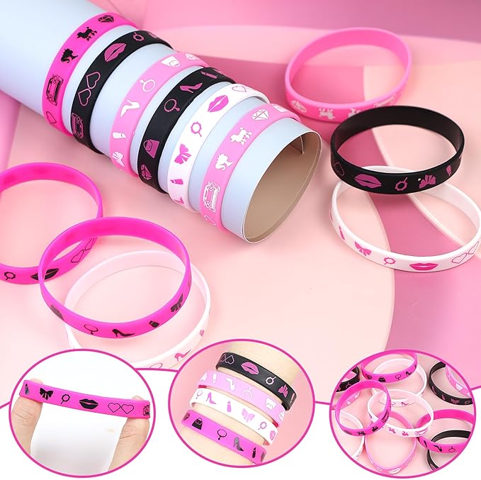 122pcs Pink Party Favors for Girls, Pink Girls Birthday Party Favors Kit Keychain Bracelet Bubble Stickers Straws Heart Sunglasses Gift Bag Hot Pink Princess Birthday Party Supplies