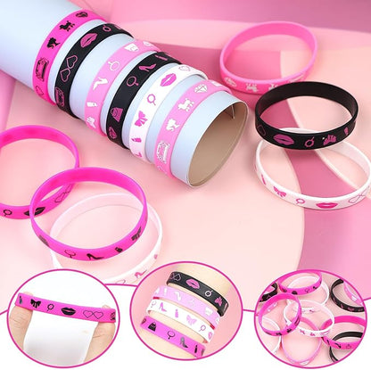 122pcs Pink Party Favors for Girls, Pink Girls Birthday Party Favors Kit Keychain Bracelet Bubble Stickers Straws Heart Sunglasses Gift Bag Hot Pink Princess Birthday Party Supplies