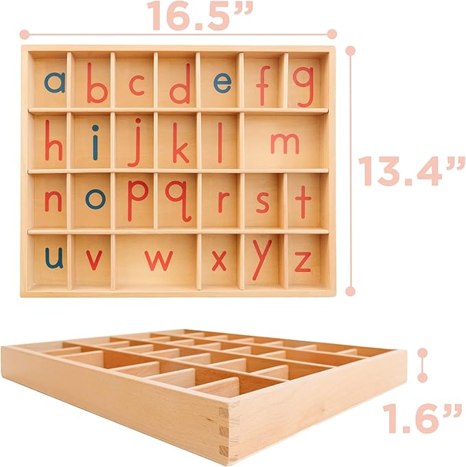Movable Alphabet Montessori Wooden Letters- Moveable Alphabet with Box Letter Mats - Lower Case Letters - Writing, Reading, Spelling, and Language Learning Materials (Red and Blue)