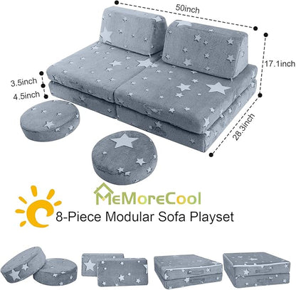 MeMoreCool Modular Glow Star Sofa for Kids, 8-Piece Convertible Foam Couch Play Set for Toddlers, Playroom, and Children
