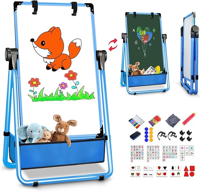 Kids Easel Double-Sided Art Easel with Paper Clip Height Adjustable Whiteboard & Chalkboard 360°Rotating Standing Art Easel for Kids Gift for Boys and Girls Toys for Ages 2-4