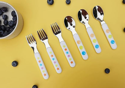 EXZACT Kids Flatware 6pcs Stainless Steel 18/10 Toddler Utensils Flatware- 3 x Forks, 3 x Spoons- BPA Free, Dishwasher Safe - 12 M+ - Stars & Dots