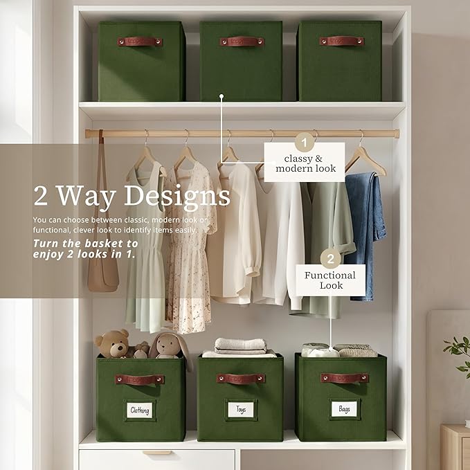 DECOMOMO Storage Bins, Cube Storage Bin with Labels, Fabric Storage Cubes for Shelves (10.5" x 11" / 6pcs, Olive Green)