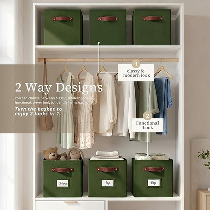 DECOMOMO Storage Bins, Cube Storage Bin with Labels, Fabric Storage Cubes for Shelves (10.5" x 11" / 6pcs, Olive Green)