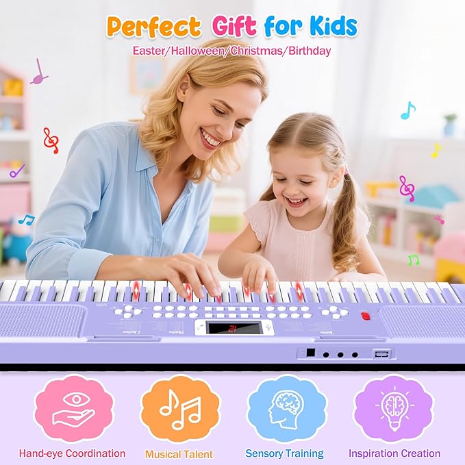 Piano Keyboard, 61 Key Upgrade Kids Pianos Music Toy with Light-up Keys & Pro Teaching Modes, Dual Speaker, 70 Demos,100 Tones, 100 Rhythms Perfect Christmas/Birthday Gift for Kids (Purple)