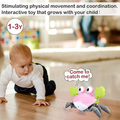 Plnmlls Crawling Crab Baby Toy - Tummy Time Toys - with Music and LED Light,Built-in Rechargeable Battery and Volume Can be Turned Off for 0-6 6-12 12-18 36 Months Walking Toddler Birthday Gift(Pink)