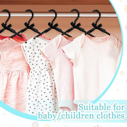 Threan Pearl Beaded Clothes Hanger Mini Pearl Beads Small Metal Clothes Hangers with Ribbon Standard for Kids Baby Children Pet Dog(Black,12 Pcs)