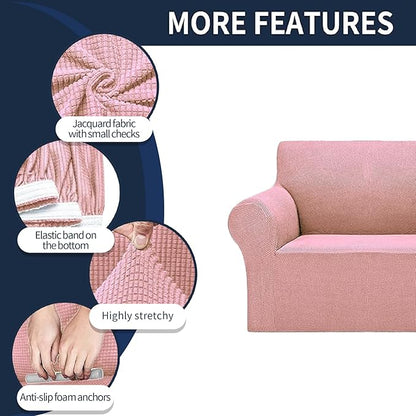 2025 New Stretch Sofa Slipcovers Couch Cover for 3 Cushion Furniture Protector Sofa Covers with Elastic Bottom Jacquard Fabric Small Checks for Pets, Kids -Sofa, Dusty Pink