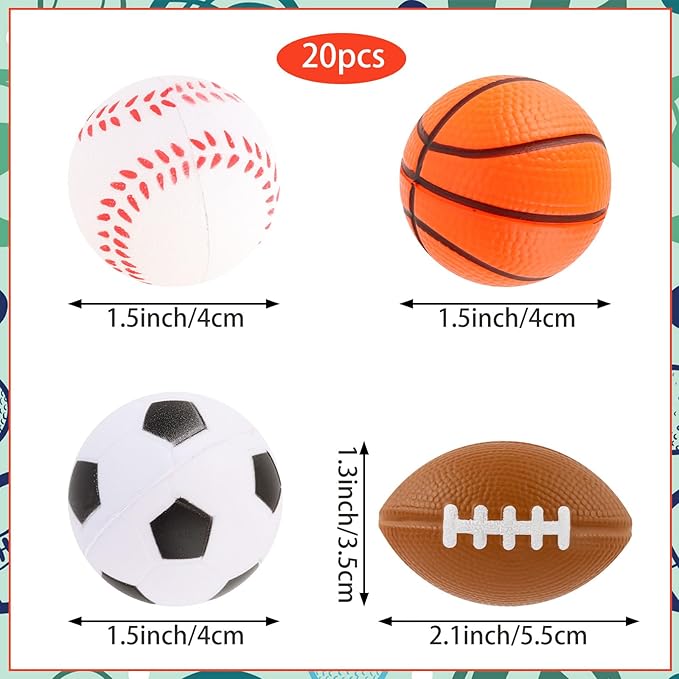 Hxezoc Mini Sport Stress Balls 20 Packs Foam Sports Balls Small Squeeze Anxiety Bulk Toy Ball for Kids Sport Theme Birthday Party, School Carnival Party Supplies
