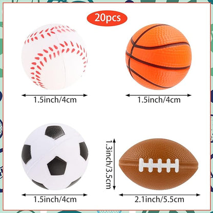 Hxezoc Mini Sport Stress Balls 20 Packs Foam Sports Balls Small Squeeze Anxiety Bulk Toy Ball for Kids Sport Theme Birthday Party, School Carnival Party Supplies