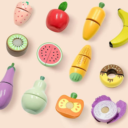 WHOHOLL 42 Pcs Play Food Set for Play Kitchen Accessories, Wooden Toys Pretend Cutting Food, Montessori Fruit and Veggies Christmas Birthday Gifts for Toddlers 3+ Years Old Girls Boys