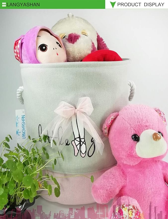 LANGYASHAN Laundry Basket Canvas Collapsible Organizer Storage Basket for Boys Girls Laundry Hamper Toy Bins Gift Baskets Bedroom Clothes Children Nursery (Pink Lace)