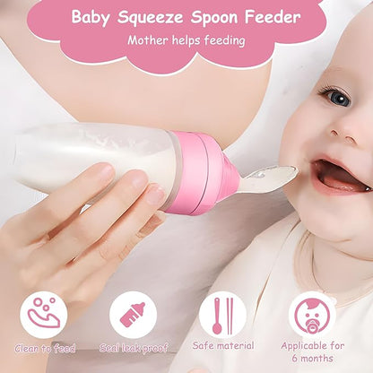 WAJIAYON Baby Food Feeder 4 Pack Silicone Baby Food Dispensing Spoon-3 oz Squeeze Feeding Spoons with Suction Cup for Boys Girl Kids Toddlers - Self Feeding Bottle Spoon-Peach Pink