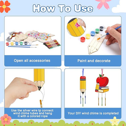 Fennoral 9 Pack Back to School Wind Chime Kit for Kids Make You Own Wind Chime Hanging Ornaments DIY Paint Back to School Craft for First Day of School Decoration Classroom Art Activity
