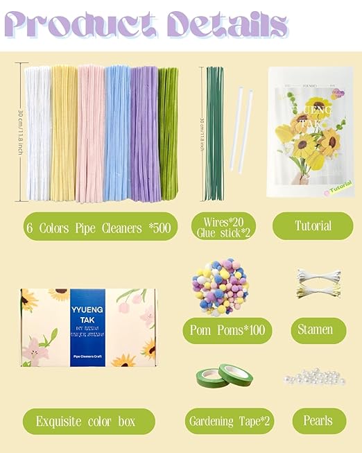 YYUENGTAK 500 Pcs Pipe Cleaner Flower kit with tutoria,Pipe Cleaners Craft(6 Colors)，Chenille Stems Flowers Craft kit with 20 pcs Green Floral Wires,Gardening Tape,Stamen(2 Colors),Pearl Beads,pompoms