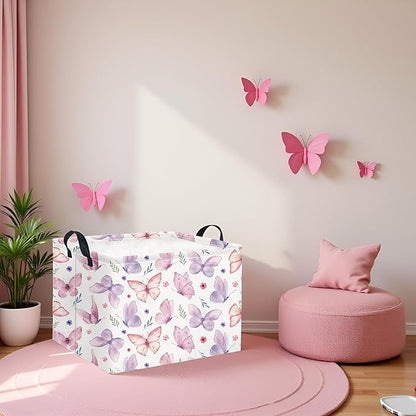 HIYAGON Rectangular Pink Basket for Girls Kids Baby Storage Basket Toy Storage Bin Organizer Box Room Decor(Watercolor Butterfly)