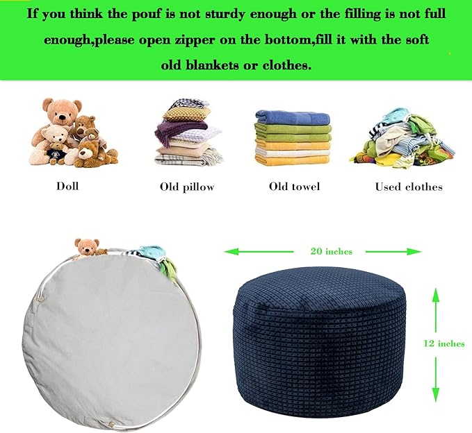 Pouf Ottoman Stuffed 20x20x12 Inches Floor Pouf Plush Fiber Ottoman Foot Rest Under Desk Foot Stool for Living Room Bedroom (Navy Blue Pouf with Filler)