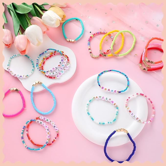 72 Pcs Friendship Bracelets Bulk for Woman Adjustable Colorful Beaded Bracelets Colorful Letter Beads Bracelets Friends Surfer Beaded Bracelets for Women(Elastic Bead Style)
