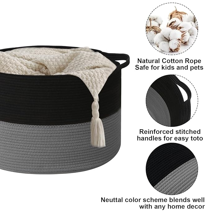 65L Large Woven Cotton Rope Blanket Basket with Handles, Laundry Hamper Storage Bin for Pillows, Comforters,Clothes, Toys, Nursery, Bedroom and Living Room Organization,Black&Dark Grey