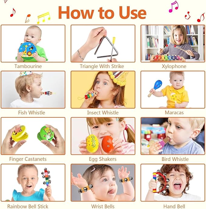 Kids Musical Instruments Set, 20 Pcs Toddler Wooden Percussion Instruments for Baby Children with Tambourine Xylophone Maracas, Preschool Musical Toys Set for Boys and Girls with Carrying Bag