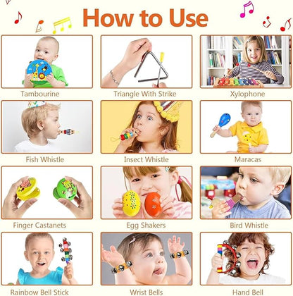 Kids Musical Instruments Set, 20 Pcs Toddler Wooden Percussion Instruments for Baby Children with Tambourine Xylophone Maracas, Preschool Musical Toys Set for Boys and Girls with Carrying Bag