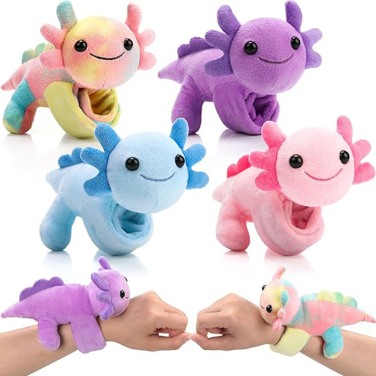 4 Pcs Huggers Salamander Butterfly Dinosaur Stuffed Animal Slap Bracelets for Kids, 8" Plush Animal Wrist Cute Snap Bracelets Bulk for Boys and Girls Birthday Gifts Party Favors (Salamander)