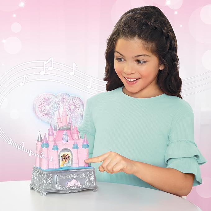 Disney Princess Jewelry Box for Girls Princess Castle Keepsake Jewelry Box with Music & Firework-Like Light Show, Plays Song “A Dream Is a Wish Your Heart Makes”