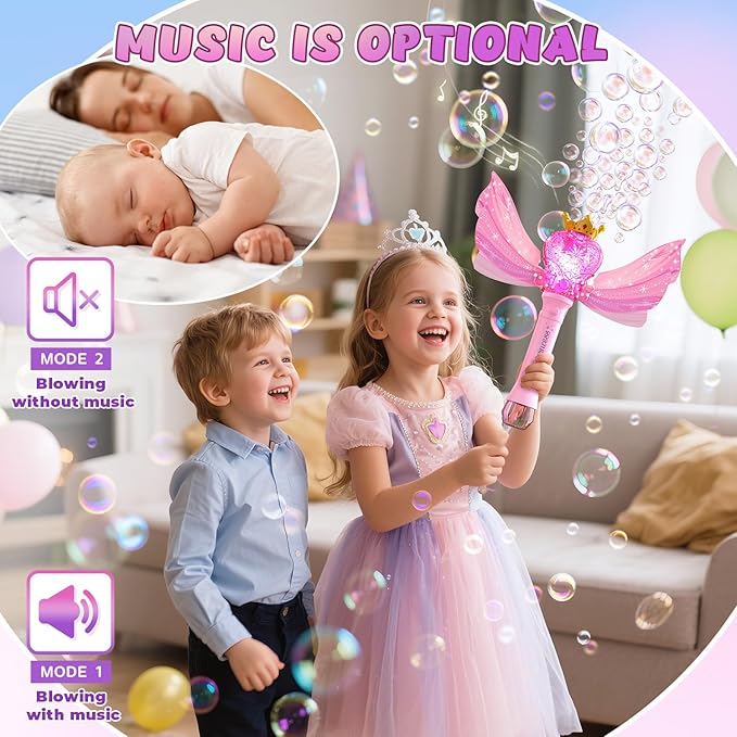 EagleStone Princess Bubble Wand for Kids Girls with LED Lights & Music, Fairy Bubble Machine Toy with 4 Bubble Solutions, Outdoor Bubble Toys for Toddlers Aged 3 4 5 6 7 8, Birthday Gift for Girls