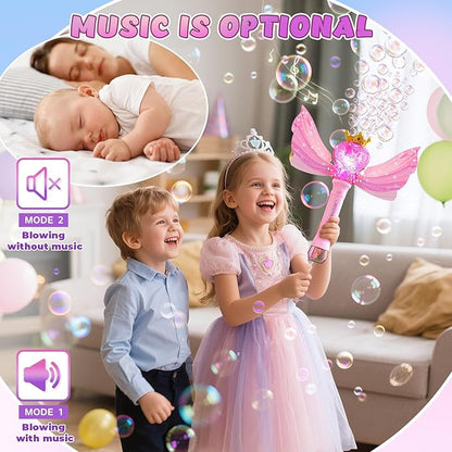 EagleStone Princess Bubble Wand for Kids Girls with LED Lights & Music, Fairy Bubble Machine Toy with 4 Bubble Solutions, Outdoor Bubble Toys for Toddlers Aged 3 4 5 6 7 8, Birthday Gift for Girls