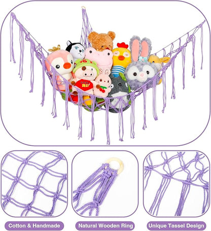 Boho Stuffed Animals Net or Hammock Large,55 inch Toy Hammock Macrame Stuff Animal Storage Corner Hanging Net Holder,Mesh Hammock Plush Toy Organizer with Hooks for Bedroom,Nursery (Purple)