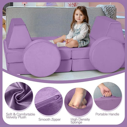MeMoreCool Modular Kids Couch, Purple 8-Piece Convertible Foam Sofa Play Set for Toddlers and Playroom