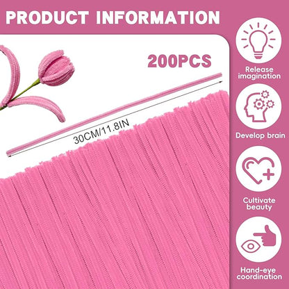 200 Pcs Pipe Cleaners Chenille Stems, Pink Pipe Cleaners, 11.8inch Long Craft Pipe Cleaner Bulk for Flowers Making, Mother’s Day DIY Art Crafts Decorations Supplies (Pink)