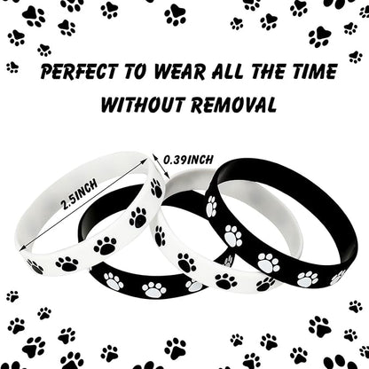 Funtery 100 Pcs Paw Print Rubber Bracelet Silicone Stretch Wristbands Dog Paw Silicone Bracelet Rubber Wristbands Dog Party Favors Birthday Party Supplies Decorations(Black, White)