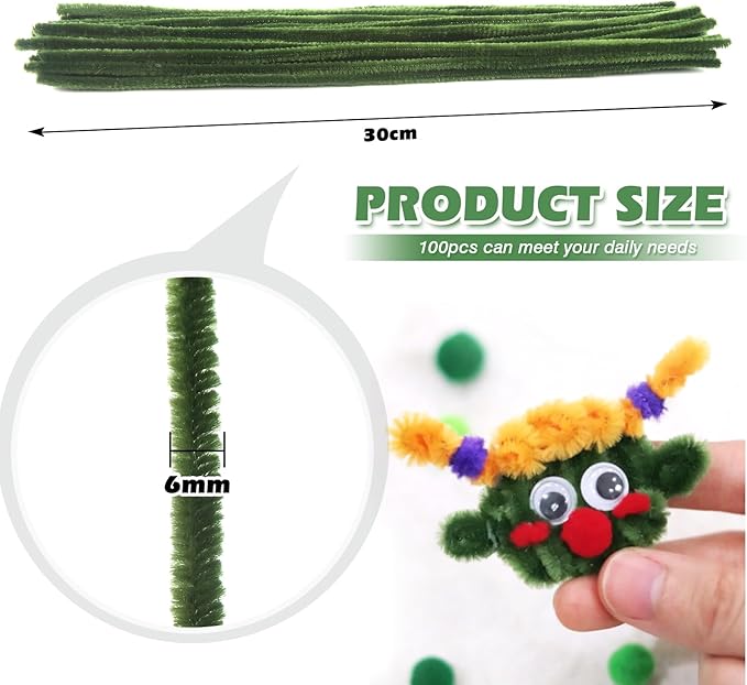 TOAOB 100pcs Pipe Cleaners Moss Green Chenille Stems for Crafts 12 Inch Fuzzy Sticks Craft Supplies for DIY Art Craft Projects Home Decorations
