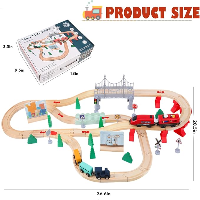 Wdmiya Wooden Train Set for Toddlers, 72 Pcs Wooden Train Track for Kids, Train Toy with Bridge and Tracks (Fits Thomas & Brio), Christmas Birthday Trains Gift for 2 3 4 5 6 7 8 Years Old