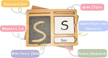 Montessori Sand Tray for Kids 3 4 5 6 Years Old Sand Writing Tray Learning Sensory Toy Educational Alphabet and Phonic Words Comes with Sand, Tray, Lid, 2 Sets of Flashcards, Stylus (Dark Blue)