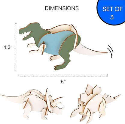 Neliblu Wooden Dinosaur Kit Set of 3 - Colorable Assembly Toy for Kids - 3D Dinosaur Puzzle - Gift for Dinosaur Lovers Ages 5 and Up - 3mm Thick Wood - Creative and Educational Play for Kids