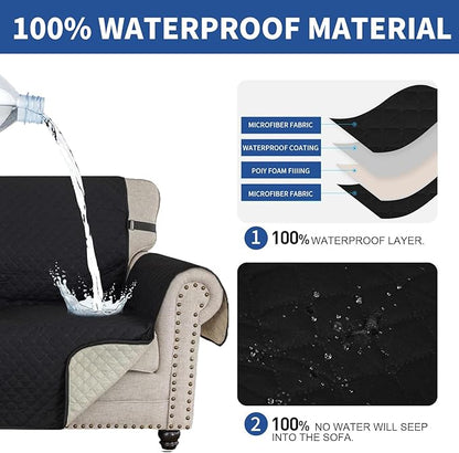 XINEAGE Quilted Sofa Cover Waterproof Couch Covers for 3 Cushion Couch, Super Soft Washable Slipcover with Pockets & Non-Slip Elastic Straps, Thick Furniture Protector (Sofa, Black)