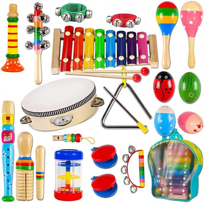 Kids Musical Instruments, INLAIER Toddler Wooden Percussion Instruments Tambourine Xylophone Toys for Kids Children, Preschool Education Early Learning Musical Toy for Boys and Girls with Storage Bag