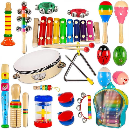 Kids Musical Instruments, INLAIER Toddler Wooden Percussion Instruments Tambourine Xylophone Toys for Kids Children, Preschool Education Early Learning Musical Toy for Boys and Girls with Storage Bag